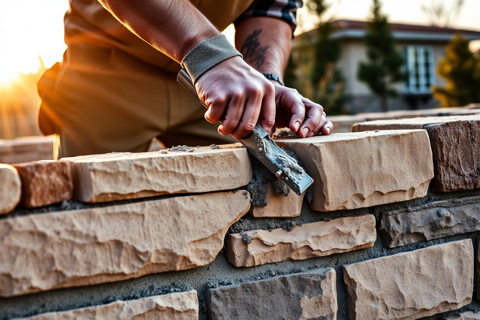 Mason laying natural stone at golden hour